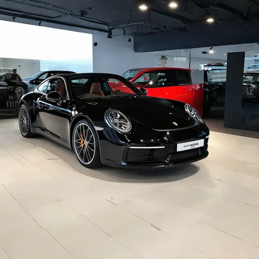 Prompt: Porshe 911 in a car showroom
