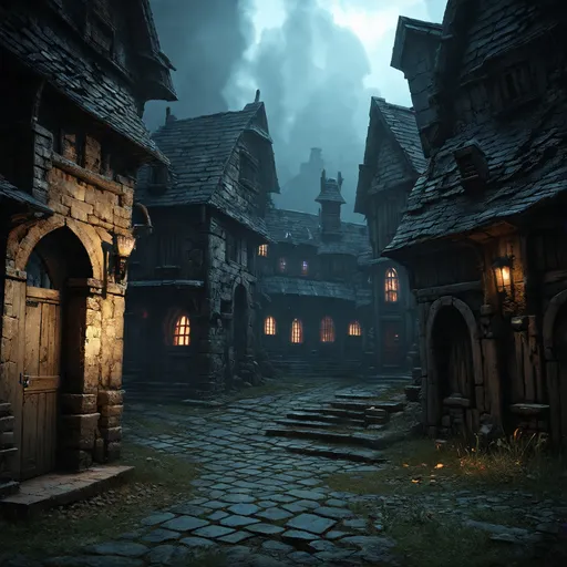 Prompt: warhammer fantasy RPG style town, gritty atmosphere, weathered textures, gloomy ambience, high contrast, detailed textures, atmospheric lighting, eerie atmosphere, medieval fantasy, intricate details, eerie shadows, eerie atmosphere, dramatic, haunting, mysterious, unsettling, professional, highres, intense, fantasy, gothic, eerie lighting