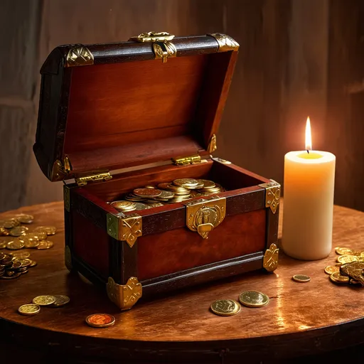 Prompt: Dark fantasy open medieval wooden chest filled with gold coins, candle-lit wooden table, eerie and mysterious ambiance, high quality, dark fantasy style, rich leather texture, glowing candlelight, intricate gold details, atmospheric lighting, detailed wood grain, hauntingly beautiful, seen from top