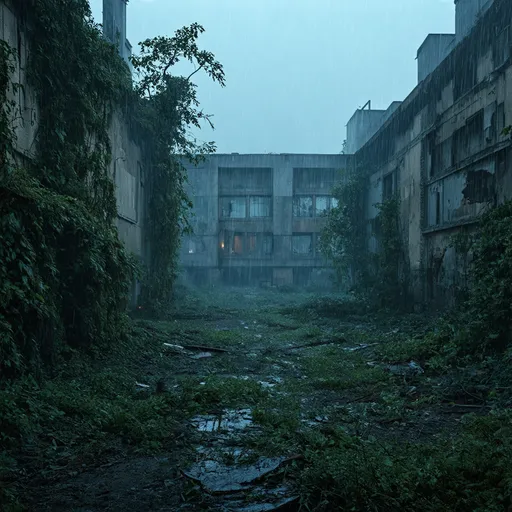 Prompt: distant view of Overgrown, abandoned hospital, The Last of Us style, detailed decay, highres, desolate atmosphere, post-apocalyptic, debris, detailed textures, eerie lighting, rain, nature reclaiming urban spaces, intricate vegetation, crumbling infrastructure, hauntingly beautiful, atmospheric ruins, realistic, overgrown vegetation, abandoned buildings, detailed textures, decaying beauty, desolation, haunting, high quality, dark blue ambient light, 