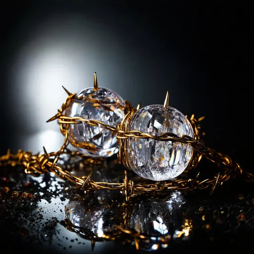 Prompt: Sold Crystal Testicles Wrapped in Gold Barbed Wire