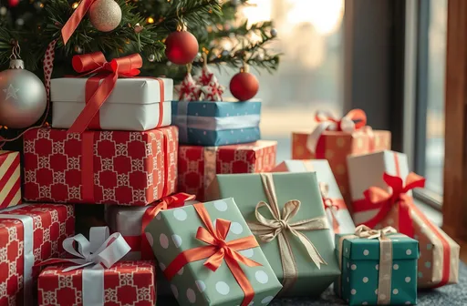 Prompt: Pile of christmas gifts under the christmas tree detail photo. 