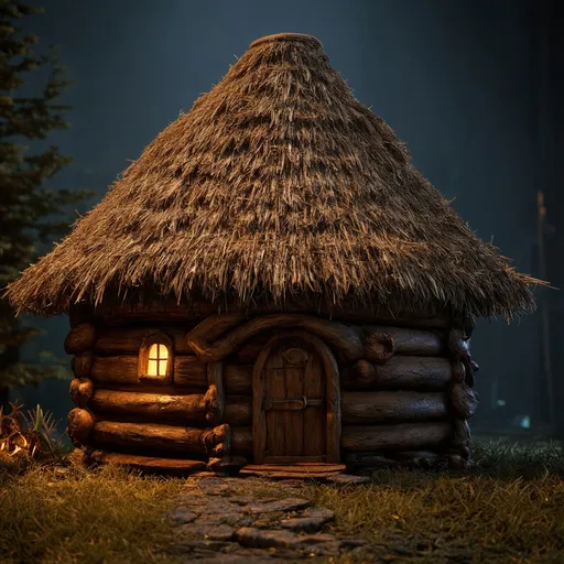 Prompt: Medieval wooden hut with straw roof, Warhammer fantasy RPG style, detailed wood texture, atmospheric lighting, highres, rustic, fantasy, medieval, detailed straw roof, immersive ambiance