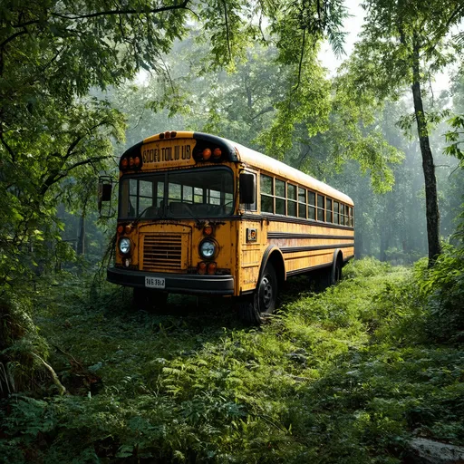 Prompt: Abandoned overgrown decying rusty modern school bus, The Last of Us style, high-quality, realistic, detailed, eerie atmosphere, lush vegetation, overgrown foliage,  haunting mood, realistic textures, atmospheric lighting, nature reclaiming, high-res, detailed environment, post-apocalyptic, eerie ambiance, realistic foliage