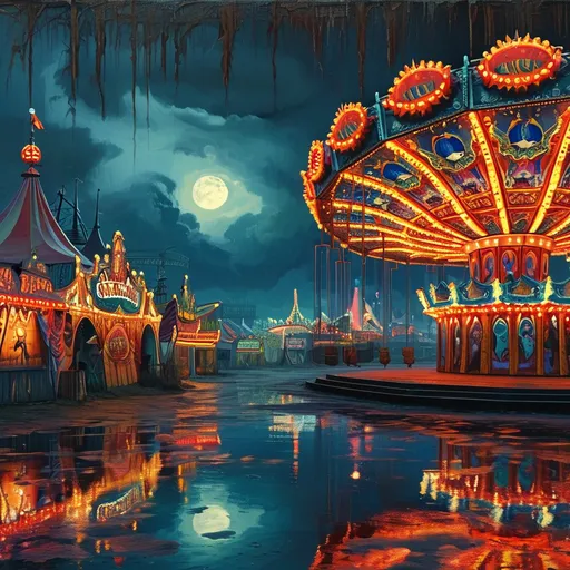 Prompt:  Illustrate an evil and eerie scene from a twisted carnival.