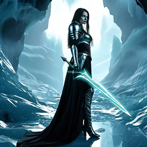 Prompt: Gorgeous ultra-muscular 25-year-old Czechian female goddess made of stained glass, blue-green skin, silver eyes, wearing a flowing black robe and boots, brandishing a glowing silver sword with arcing electricity emanating from the blade, cinematic, sci-fi, high-res, photo, glacial alien world of ice and rock