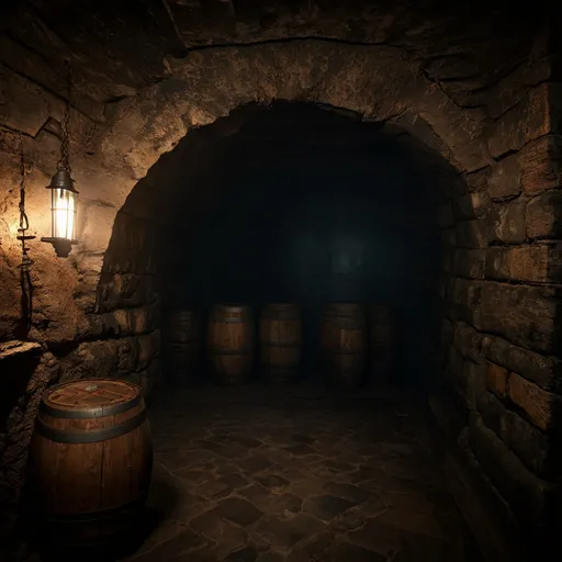 Prompt: dark fantasy RPG style dark medieval cellar, detailed stonework, dim torchlight, detailed wooden barrels, eerie atmosphere, highres, dark fantasy, rugged textures, gloomy ambiance, realistic shadows, ancient architecture, mysterious shadows, immersive, gritty, detailed props, dark mist, detailed lamp hanging on a wall, cellar in shade, atmospheric light