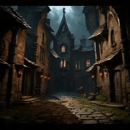 Prompt: warhammer fantasy RPG style town, gritty atmosphere, weathered textures, gloomy ambience, high contrast, detailed textures, atmospheric lighting, eerie atmosphere, medieval fantasy, intricate details, eerie shadows, eerie atmosphere, dramatic, haunting, mysterious, unsettling, professional, highres, intense, fantasy, gothic, eerie lighting