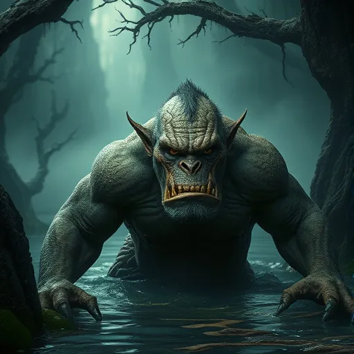 Prompt: (Troll of Khazad-dum), emerging from a dark, mystical swamp, (muscular and imposing figure), complex textures on skin, eyes glaring with determination, mist swirling around, eerie lighting casting shadows, rich greens and browns dominating the color palette, atmospheric tension, detailed surroundings include gnarled trees and murky waters, (highly detailed), (4K), cinematic.