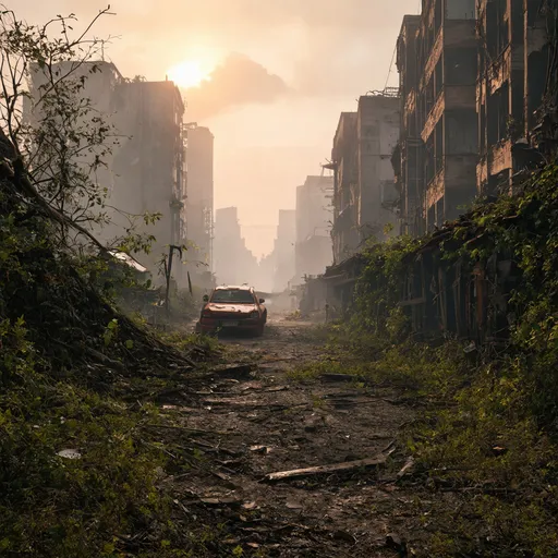 Prompt: Overgrown, abandoned city, The Last of Us style, detailed decay, highres, desolate atmosphere, post-apocalyptic, debris, desolating cars, eerie lighting, sunset, nature reclaiming urban spaces, intricate vegetation, crumbling infrastructure, hauntingly beautiful, atmospheric ruins, realistic, overgrown vegetation, abandoned buildings, detailed textures, decaying beauty, desolation, haunting, high quality, orang-red ambient light