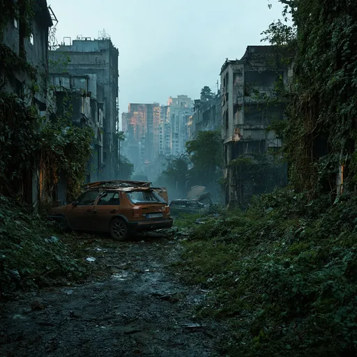 Prompt: distant view of Overgrown, abandoned city, The Last of Us style, detailed decay, highres, desolate atmosphere, post-apocalyptic, debris, desolating cars, detailed textures, eerie lighting, sunset, nature reclaiming urban spaces, intricate vegetation, crumbling infrastructure, hauntingly beautiful, atmospheric ruins, realistic, overgrown vegetation, abandoned buildings, detailed textures, decaying beauty, desolation, haunting, high quality, orang-red ambient light