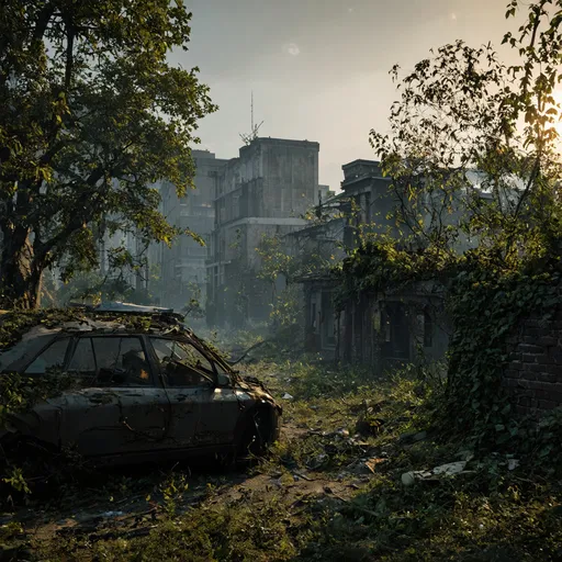 Prompt: Overgrown, abandoned city, The Last of Us style, detailed decay, highres, desolate atmosphere, post-apocalyptic, debris, desolating cars, detailed textures, eerie lighting, sunset, nature reclaiming urban spaces, intricate vegetation, crumbling infrastructure, hauntingly beautiful, atmospheric ruins, realistic, overgrown vegetation, abandoned buildings, detailed textures, decaying beauty, desolation, haunting, high quality, orang-red ambient light