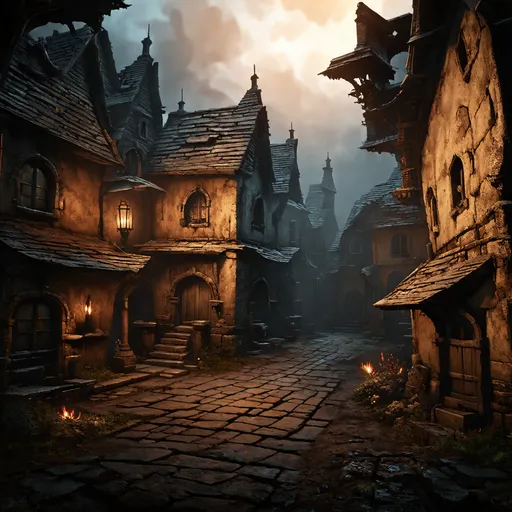 Prompt: warhammer fantasy RPG style town, gritty atmosphere, weathered textures, gloomy ambience, high contrast, detailed textures, atmospheric lighting, medieval fantasy, intricate details, eerie shadows, eerie atmosphere, dramatic, haunting, mysterious, unsettling, professional, highres, intense, dark tones, fantasy, gothic, eerie lighting
