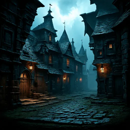 Prompt: warhammer fantasy RPG style town, gritty atmosphere, weathered textures, gloomy ambience, high contrast, detailed textures, atmospheric lighting, eerie atmosphere, medieval fantasy, intricate details, eerie shadows, eerie atmosphere, dramatic, haunting, mysterious, unsettling, professional, highres, intense, dark tones, fantasy, gothic, eerie lighting