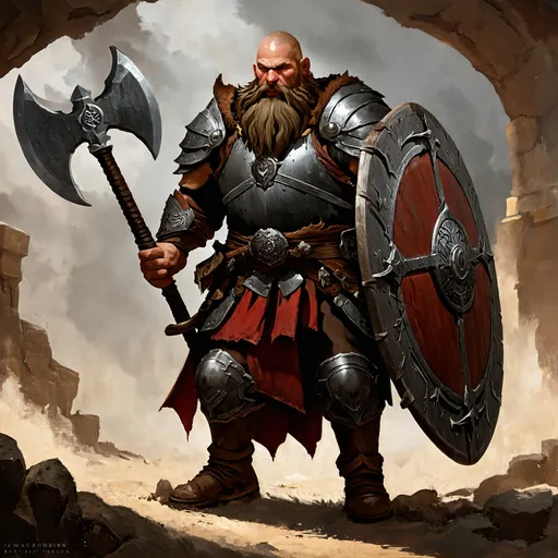 Prompt: Warhammer fantasy RPG style illustration of a fierce dwarf warrior, intricate armor with detailed engravings, battle-worn axe and shield, dramatic lighting casting deep shadows, rich earthy tones, high quality, epic fantasy, detailed beard, rugged, weathered look, heroic, fantastical, immersive setting