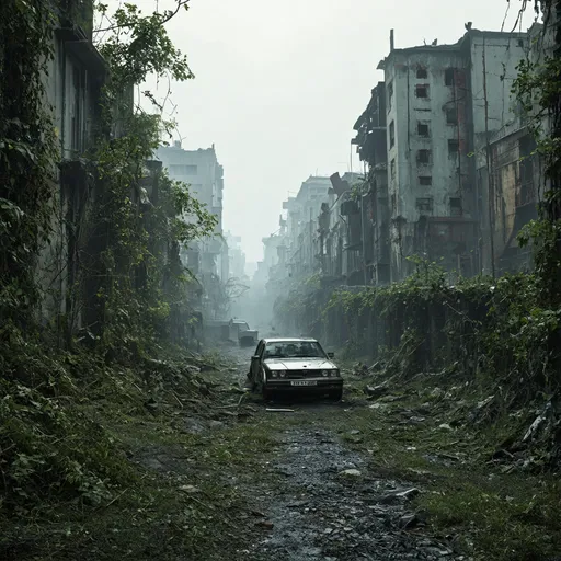 Prompt: Overgrown, abandoned city, The Last of Us style, detailed decay, highres, desolate atmosphere, post-apocalyptic, debris, desolating cars, eerie lighting, nature reclaiming urban spaces, intricate vegetation, crumbling infrastructure, hauntingly beautiful, atmospheric ruins, realistic, overgrown vegetation, abandoned buildings, detailed textures, decaying beauty, desolation, haunting, high quality