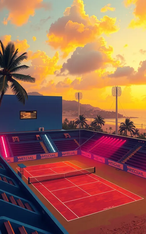 Prompt: Cyberpunk, Unique, Maximalistic, Neon, Futuristic Aesthetic, Humid, Warm Aesthetic Hues, Fantasy, Insane Cyberpunk Futuristic Aesthetic, Advanced Technology, Joyful, Yellow and Blue Aesthetic, Interesting, Outdoors, Tennis Court, Outdoor Stadium, Neon Aesthetic, Vivid, Lively, Lush, Tropical, Sandy Cyberpunk Beach, Coastal Region, Cool Looking, More Fantasy Looking, John Atkinson Grimshaw Oil Painting Aesthetic 