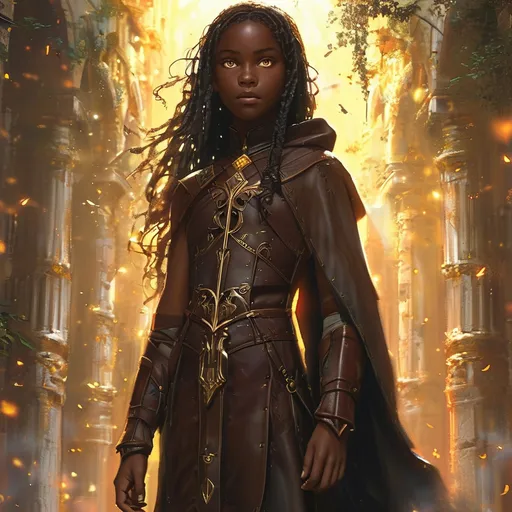 Prompt: A female young adult human cleric, (dark skin), (long flowing hair), dressed in (holy leather armor), (brown eyes), standing confidently with a bright, ethereal glow surrounding her. The background features a mystical temple, softly illuminated by warm, golden light, with ancient ruins partially hidden among lush greenery. The atmosphere is (serene) and (divine), enhanced by high-quality, ultra-detailed imagery suitable for fantasy art.