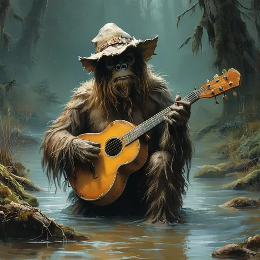 Prompt: Sasquatch playing a banjo in a dark swamp