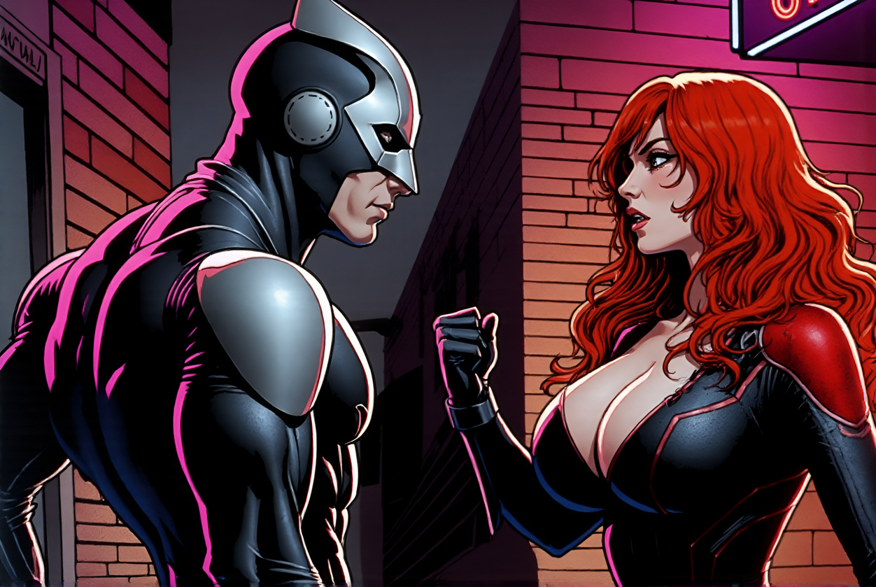 Prompt: @jpTDBsgMHdOMi671KkuC is having a heated argument with @QWo88LBNgGCwjYse5Fwp (comic book style), sharp shadows, bold lines