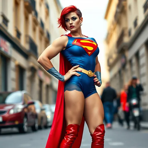 Prompt: Gorgeous ultra-muscular 25-year-old French drag queen bodybuilder dressed as superman with 8 inch stiletto high heel boots, posing in the street. Short red hair. Dark eye shadow. Dark red lipstick.