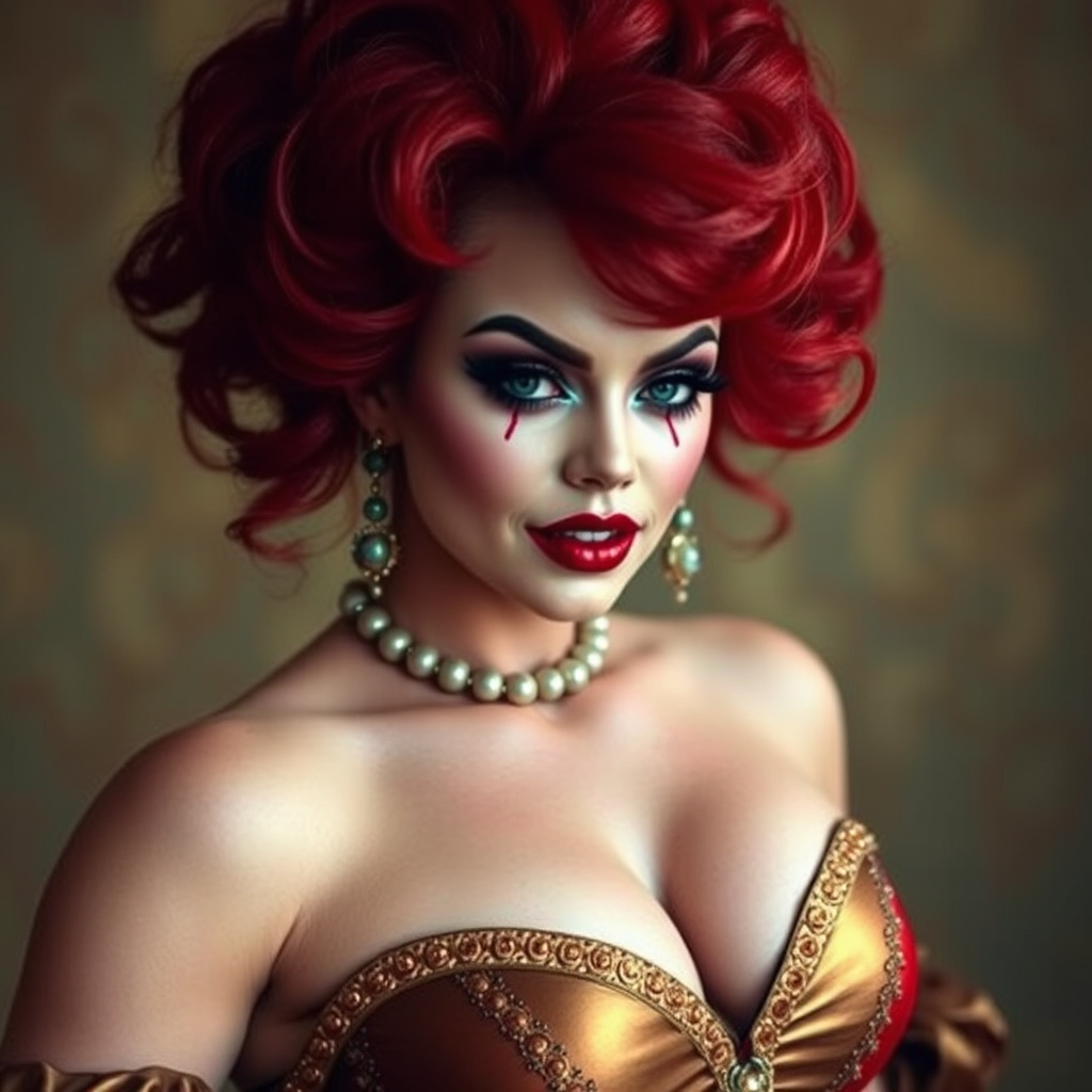 Prompt: Muscular drag queen pennywise dressed in a gorgeous bronze and red gown. Dark eyeshadow and dark red lipstick.