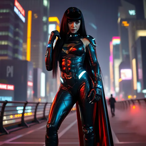 Prompt: Gorgeous ultra-muscular 25-year-old Danish drag queen bodybuilder dressed as Super Man Cyberpunk with long straight shiny black hair, superman suit, and 8 inch stiletto high heel boots, futuristic city skyline, neon lights, vibrant colors, sleek metallic suit, glowing accents, intense expression, night setting, dynamic pose, urban environment, cybernetic enhancements, cinematic depth, high tech gadgets, atmospheric fog, gritty details, ultra-detailed, 4K.