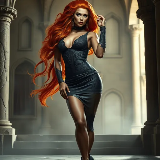 Prompt: FULL BODY PORTRAIT, (photorealistic), Fantasy character, (attractive, sensual, beautiful, dangerous, drag queen bodybuilder, striking dark orange long hair cascading, perfect symmetrical face, adorned in ornate short tight pencil dress and high  heels, dramatic shadows accentuating her features, (sensual dancing alluring stance), mystery and fierce ambiance, standing in a castle, soft ethereal lighting, ultra-detailed, high-resolution background, 