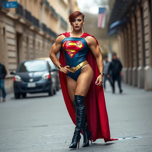 Prompt: Gorgeous ultra-muscular 25-year-old French drag queen bodybuilder dressed as superman with 8 inch stiletto high heel boots, posing in the street. Short red hair. Dark eye shadow. Dark red lipstick.