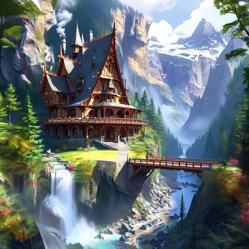 Prompt: First element: A wide fantasy mansion, in the style of a huge Norwegian stave church, exotic, welcoming, ornate, cozy, cheerful, verandas, patios, porches, balconies, bell tower, chimneys, multiple wings

Second element: A footpath crossing a single stone footbridge across a cascading river. Simple, rugged, narrow, arch, primitive, rock.

Setting: a deep narrow river valley, towering cliffs, beautiful, wild, meadows, trees, cascading rivers
