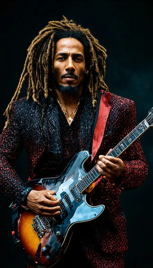 Prompt: (Masterpiece),(Best Quality),(Super Details: 1.3),(Real Photo),magazine photo,(full body),(masterpiece,best quality:1.4),(Hyperrealism:1.3), (highly detailed), a 3D rendering of male Artist, singer, Bob Marley, long hair, dreadlocks, blue eyes, he is wearing a black and dark red mesh suit, carbon strips with bright neon diamonds and checkerboard patterns. He was playing an electric guitar with a futuristic shape. Make a black background with a smoke haze effect, creating a stark contrast to the outfit. Ultra-realistic, detailed. johaneli, ultra clear, photographic, (sharp), (artistic image), Mysterious. raw, raw filter, depth of field, bokeh, canon EF 100-400mm f/4.5, makeup, portrait, perfect body, (perfect hand), by Nathalie PICOULET, By jusseve 55, award-winning digital art, crisp quality, HD , DOF, (Masterpiece:1.5),(best quality:5),(masterpiece, best quality),(best quality:1.3),(16K,16K resolution),(high definition picture),4K,4D,HDR,UFHD ,(UHD),(Ultra resolution).fc.cg