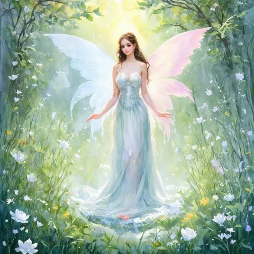 Prompt: (watercolor style), (Faerie Goddess of Peace and Tranquility), ethereal garden filled with ghost flowers, warm color scheme, soft and dreamy light, delicate floral details, serene atmosphere, gentle wisps of mist, harmonious floral arrangements, tranquil emotions radiating, enchanting background with lush greenery, enchanting accents, high quality, ultra-detailed, magical aura surrounding the scene.