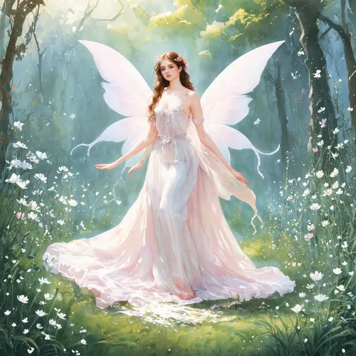 Prompt: (watercolor style), (Faerie Goddess of Peace and Tranquility), ethereal garden filled with ghost flowers, warm color scheme, soft and dreamy light, delicate floral details, serene atmosphere, gentle wisps of mist, harmonious floral arrangements, tranquil emotions radiating, enchanting background with lush greenery, enchanting accents, high quality, ultra-detailed, magical aura surrounding the scene.