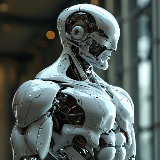 Prompt: (robotic figure), humanoid male with a sleek full body design, prominent muscles including defined pecs and abs, (white and silver color scheme), dramatically contoured surface, (futuristic and polished), high detail, (dynamic pose), ethereal lighting, (cinematic atmosphere), creates a striking and powerful image, emphasizing a perfect blend of human aesthetics and robotic elements, ultra-detailed, high-definition.