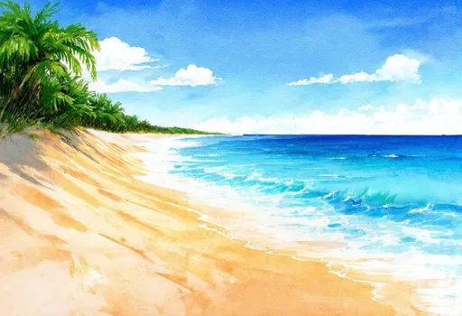 Prompt: (beautiful seaside scene), (watercolor style), bright and sunny colors, gentle waves lapping at the shore, soft sand dunes, clear blue sky with fluffy white clouds, serene ambiance, lush green palm trees in the background, ultra-detailed, light sparkling on the water, tranquil and inviting atmosphere, crisp and vibrant illustrations, depths of ocean fading into the horizon.