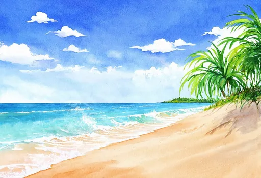 Prompt: (beautiful seaside scene), (watercolor style), bright and sunny colors, gentle waves lapping at the shore, soft sand dunes, clear blue sky with fluffy white clouds, serene ambiance, lush green palm trees in the background, ultra-detailed, light sparkling on the water, tranquil and inviting atmosphere, crisp and vibrant illustrations, depths of ocean fading into the horizon.