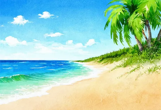 Prompt: (beautiful seaside scene), (watercolor style), bright and sunny colors, gentle waves lapping at the shore, soft sand dunes, clear blue sky with fluffy white clouds, serene ambiance, lush green palm trees in the background, ultra-detailed, light sparkling on the water, tranquil and inviting atmosphere, crisp and vibrant illustrations, depths of ocean fading into the horizon.