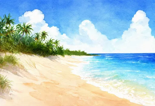 Prompt: (beautiful seaside scene), (watercolor style), bright and sunny colors, gentle waves lapping at the shore, soft sand dunes, clear blue sky with fluffy white clouds, serene ambiance, lush green palm trees in the background, ultra-detailed, light sparkling on the water, tranquil and inviting atmosphere, crisp and vibrant illustrations, depths of ocean fading into the horizon.