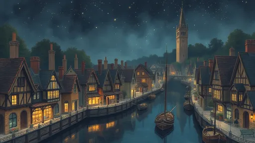 Prompt: (fantasy illustration) medieval harbour English town, night setting, soft pastel color scheme, whimsical atmosphere, twinkling stars in the dark sky, quaint cottages in the background, intricate details, cozy ambiance, (ultra-detailed) art style, magical feel, enchanting scene, birdview.