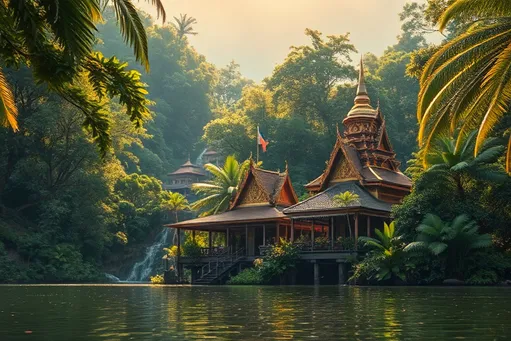 Prompt: photorealistic, (warm color scheme), tranquil small Thai city and a small Thai temple, amidst lush jungle, vibrant greenery, soft sunlight filtering through trees, peaceful atmosphere, ultra-detailed scenery, harmonious balance between nature and architecture, tranquil water, captivating landscape, inviting and cozy vibe, perfect for relaxation.