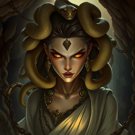 Prompt: Fantasy Illustration of a medusa, beautiful woman snakes instead of hair, intense stare from yellow glowing eyes, traditional greek garment, RPG-fantasy, intense, detailed, game-rpg style, fantasy, detailed character design, atmospheric, cavetemple background, morning