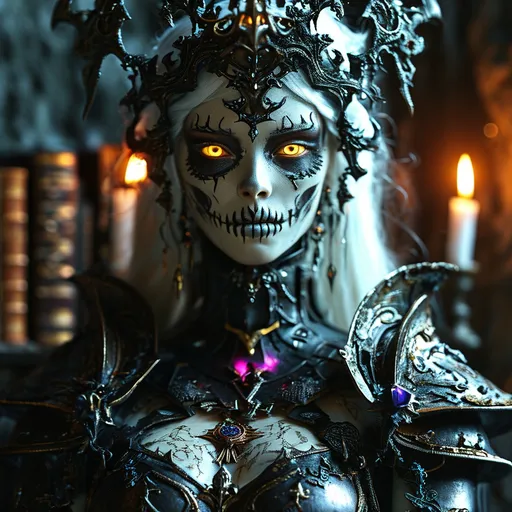 Prompt: (god-like lich queen), flawless decaying ivory face painted in black skeletal motives, magnificente plate armor, (mesmerizing purple eyes), a sense of death and inevitable fate, surrounded by ancient books symbolizing profound knowledge, dark illumination, active spellbook illuminated, dark and eerie backdrop, candlelit ambience creating ominous shadows, (highly detailed, ultra-realistic), cinematic lighting, atmosphere steeped in mystique and power.