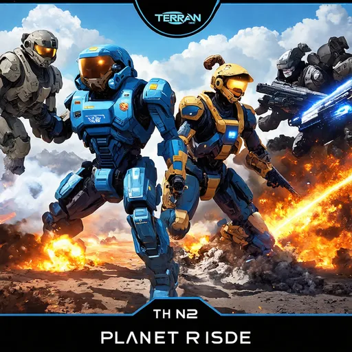 Prompt: A propaganda poster of the Terran republic planetside2 
TR killing  VS and NC 
And shocking the enemy 