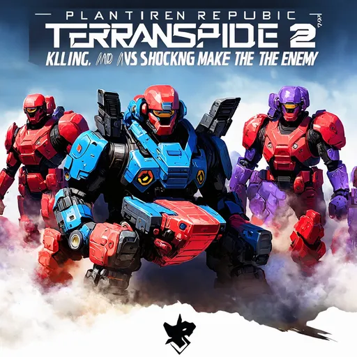 Prompt: A propaganda poster of the Terran republic planetside2 
TR killing  VS and NC 
And shocking the enemy 
Make sure there is a slogan on it with a prowler and the soldiers are in red and the purple and blue team are death