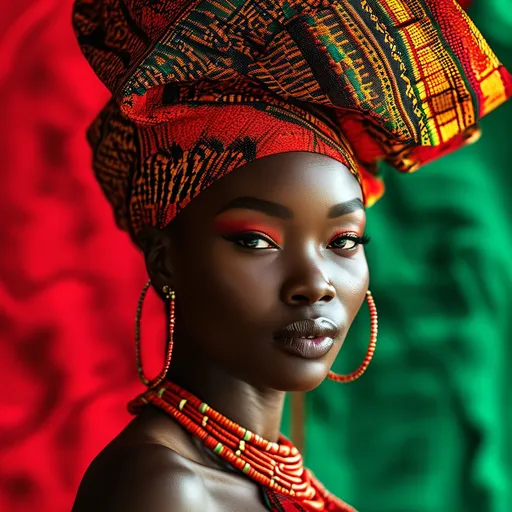 Prompt: (photorealistic) African woman with a (bright smile), walking down a runway, wearing a (leather printed African dress), adorned with (leather and cowrie shells necklaces) accentuating her head and neck, set against a striking (red, black, and green background) with a vibrant (red rug), embodying (afrofuturism), complemented by harmonious colors, ultra-detailed, high quality.