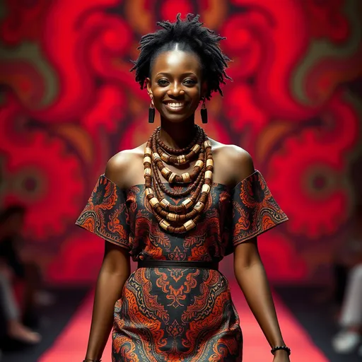 Prompt: (photorealistic) African woman with a (bright smile), walking down a runway, wearing a (leather printed African dress), adorned with (leather and cowrie shells necklaces) accentuating her head and neck, set against a striking (red, black, and green background) with a vibrant (red rug), embodying (afrofuturism), complemented by harmonious colors, ultra-detailed, high quality.