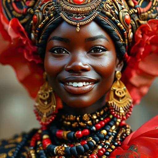 Prompt: (Caramel skinned African big smiles with power god and goddess), wearing (intricate red, black, and gold outfits), standing amid (swirling red and black clouds), surrounded by (ethereal flowing light), exuding an aura of divine power and majesty, with powerful postures and expressions, dramatic lighting enhancing their features, creating a magnificent and otherworldly ambiance, ultra-detailed, 4K quality.