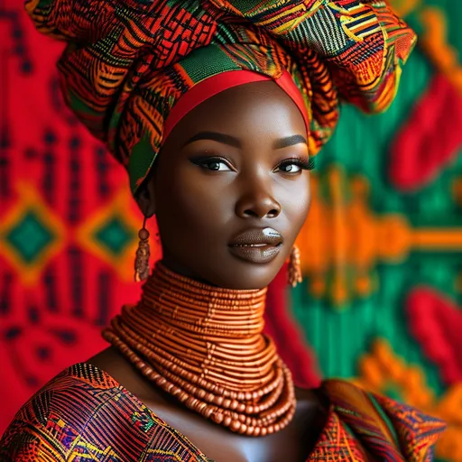 Prompt: (photorealistic) African woman with a (bright smile), walking down a runway, wearing a (leather printed African dress), adorned with (leather and cowrie shells necklaces) accentuating her head and neck, set against a striking (red, black, and green background) with a vibrant (red rug), embodying (afrofuturism), complemented by harmonious colors, ultra-detailed, high quality.