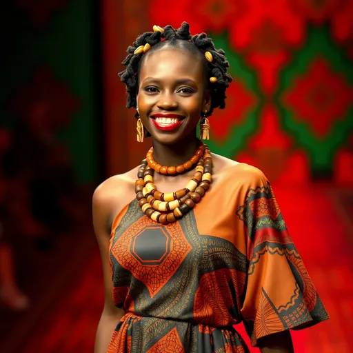 Prompt: (photorealistic) African woman with a (bright smile), walking down a runway, wearing a (leather printed African dress), adorned with (leather and cowrie shells necklaces) accentuating her head and neck, set against a striking (red, black, and green background) with a vibrant (red rug), embodying (afrofuturism), complemented by harmonious colors, ultra-detailed, high quality.