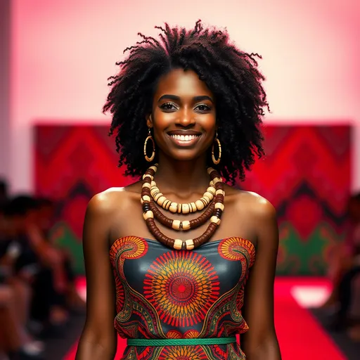 Prompt: (photorealistic) African woman with a (bright smile), walking down a runway, wearing a (leather printed African dress), adorned with (leather and cowrie shells necklaces) accentuating her head and neck, set against a striking (red, black, and green background) with a vibrant (red rug), embodying (afrofuturism), complemented by harmonious colors, ultra-detailed, high quality.